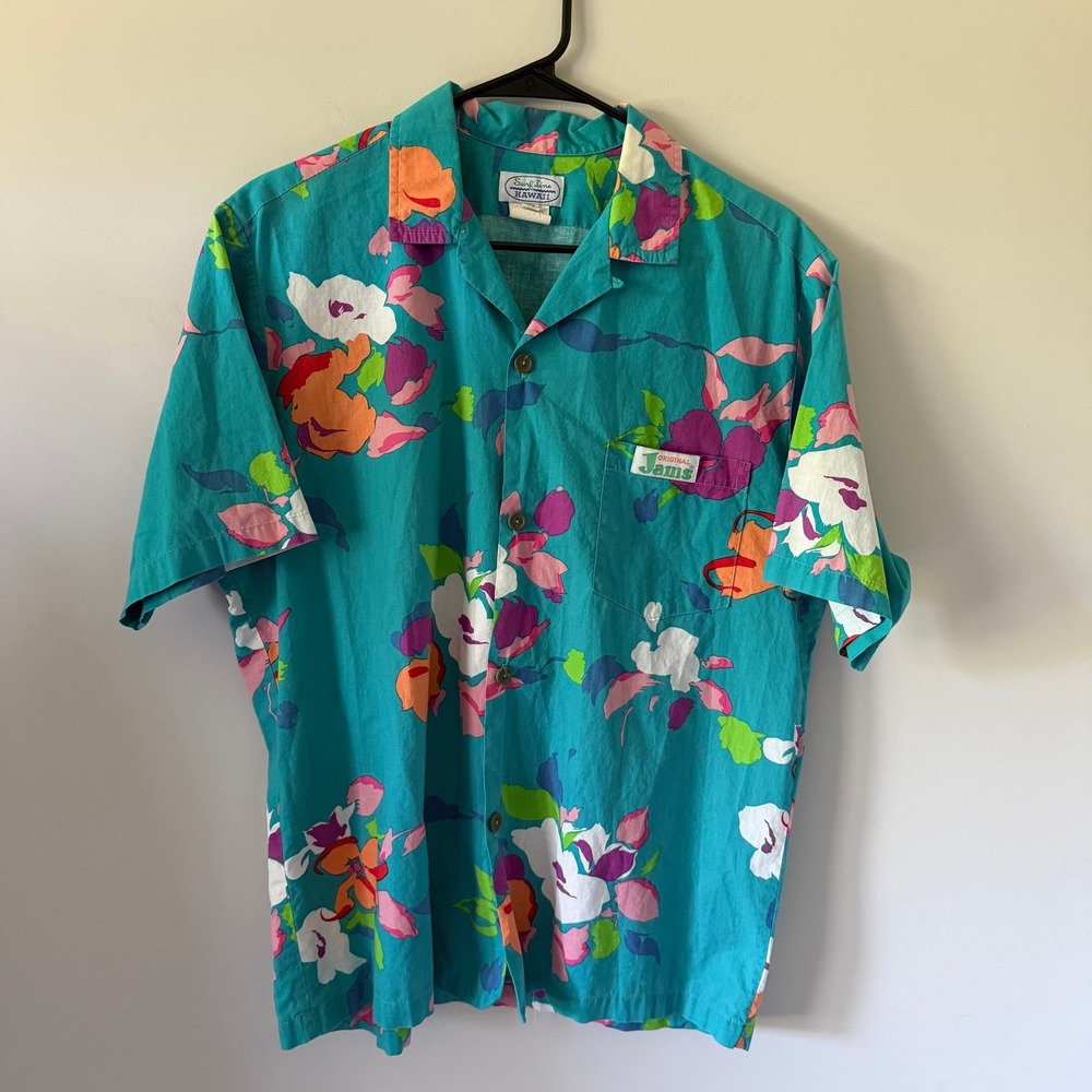 Vintage Surf Line Hawaii Original Jams Teal Floral Cotton Camp Shirt Mens Medium